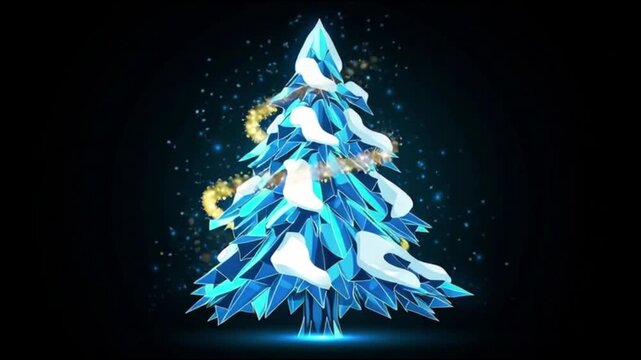 Vibrant Blue Ice Shard Christmas Tree with Fresh Snow and Glowing Particles