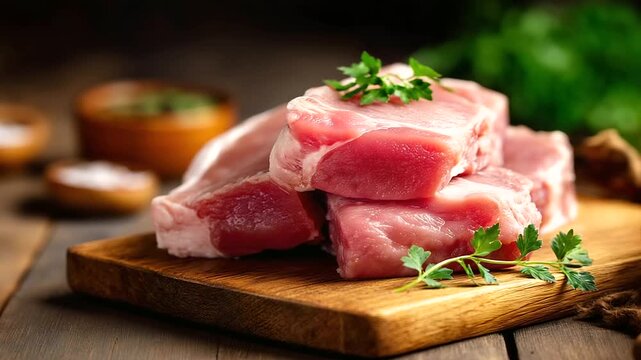 Raw pork meat, wooden board placement, cooking preparation surface, processed meat awareness, food safety concept, culinary ingredient display, kitchen preparation setting, defocus