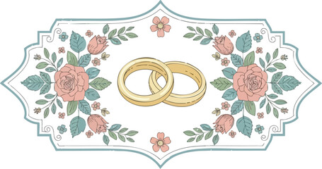 Two intertwined gold wedding rings framed by pink roses and teal leaves