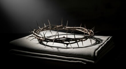 Crown of thorns resting on a cloth under dim light  