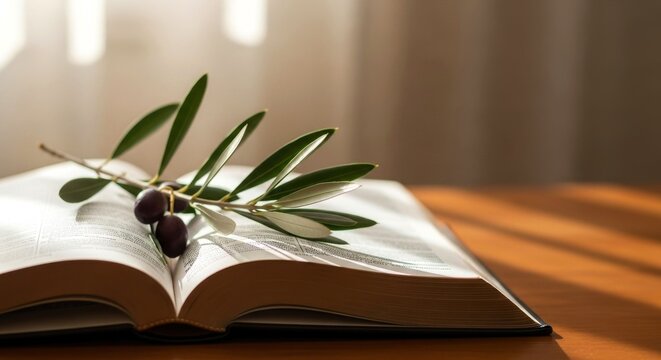 Open Bible with fresh olive branch and olives, symbol of peace, Holy Spirit and Christian hope, copy space