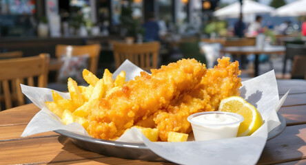 Appetizing fried fish and chips on plate with lemon and sauce. delicious outdoor lunch at restaurant patio