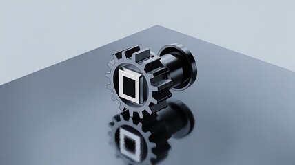 Naklejka premium 3D Rendered Image of a Sleek Black Industrial Gear with Central Square Cutout on a Reflective Surface, Symbolizing Innovation and Precision Technology