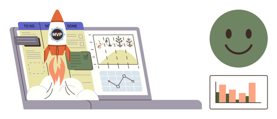 Rocket launching from laptop displaying charts, graphs, and task boards adjacent happy face and bar graph. Ideal for innovation, productivity, growth, analytics, motivation, entrepreneurship