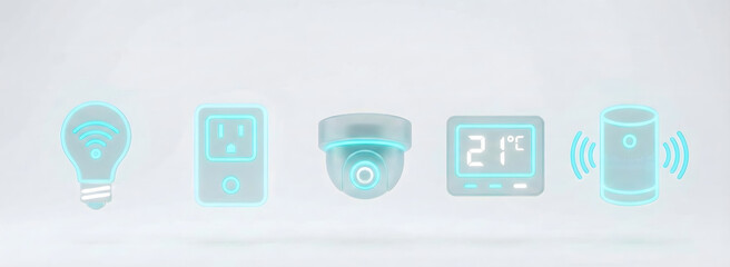A row of glowing blue smart home device icons including a smart bulb, smart plug, security camera, thermostat, and smart speaker on a light background.