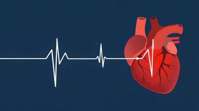 Realistic 3D anatomical human heart beating with glowing white pulse line on dark blue textured background.