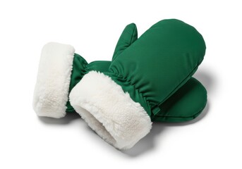 Pair of insulated green winter mittens featuring plush white faux fur cuffs rests on a clean white background