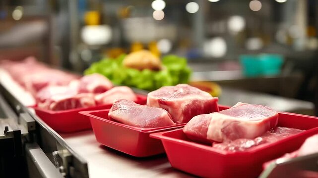 Meat processing line, raw pork loins, red containers visible, conveyor belt transport, industrial food system, automated production workflow, hygiene facility operations, defocused