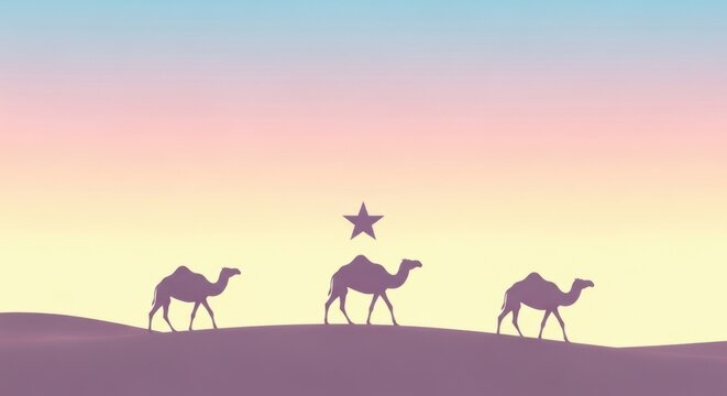 Three camels walk in desert toward a star, symbol of the three wise men journey. - Powered by Adobe