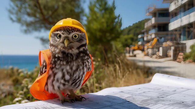 Funny owl in construction helmet blinking and turning head on building site