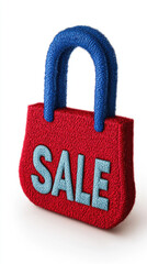 Red shopping bag with blue handle and SALE text, soft texture, vivid color, cheerful retail promotion, isolated on white background