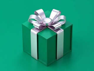 Obraz premium Elegant green gift box with shiny silver ribbon bow on a vibrant matching emerald background design