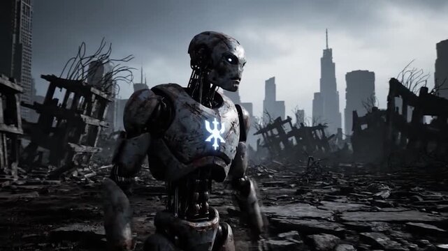 Futuristic Robot in Post-Apocalyptic Cityscape with Glowing Symbol.