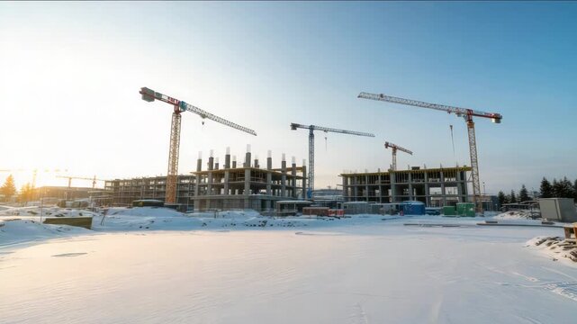 Snowy construction site with 2026 text and cranes - Powered by Adobe