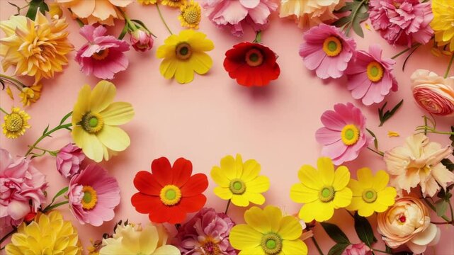 Summer floral frame with colourful flowers on pink background. Copy space for text. Valentine's or Mother's Day concept