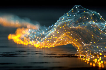 An abstract visualization of light waves composed of fine lines and numerous bright dots.  