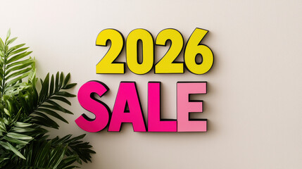2026 sale sign with bold yellow and pink letters on wall, cheerful promotion, green plant decor