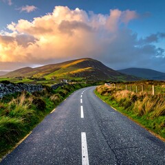 Scenic Road Through Irish Countryside at Sunset.