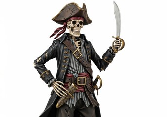 Obraz premium Skeleton figure dressed as a historical buccaneer stands ready for combat holding a curved weapon
