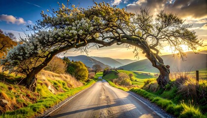 Scenic Road Through Lush Landscape with Trees Forming Archway.
