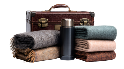 Vintage travel accessories including a trunk thermos and blankets isolated on transparent background
