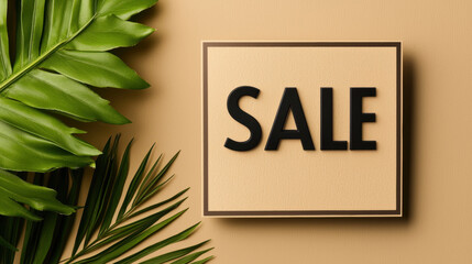 SALE banner with earth tone background and tropical green leaves, modern minimal style, inviting and fresh vibe