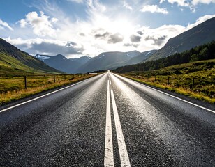 Scenic Road Through Mountains - A Journey into the Horizon.