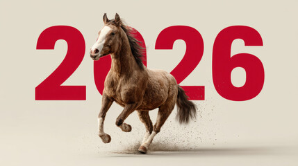 Brown horse running energetically in front of large red 2026 numbers, symbolizing excitement and forward movement for new year