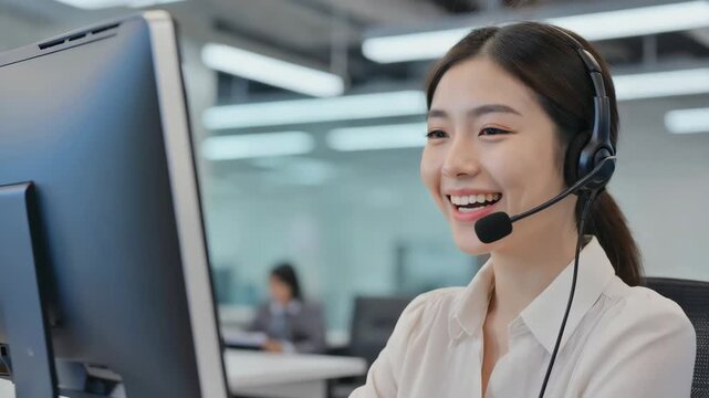Friendly Asian woman wearing headset providing online customer service while working in bright modern office