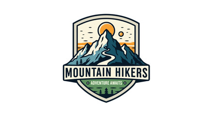 Mountain hikers adventure logo with scenic mountain landscape and sunset