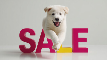 Happy puppy jumping through colorful SALE letters, playful pet advertising, cheerful promotion, white background