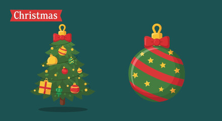 Christmas tree and ornament icons on green background for holiday decoration