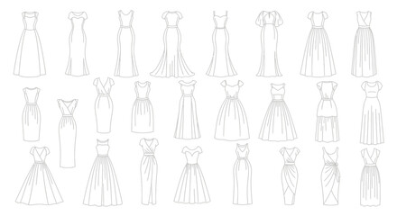 Collection of various dress designs and styles in line art on