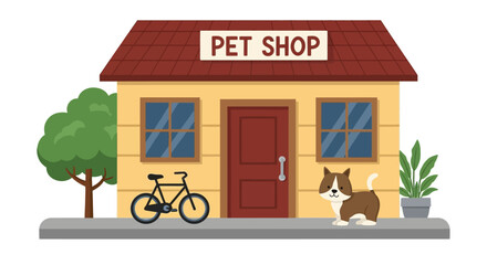 Colorful pet shop storefront with dog and bicycle outside on sidewalk