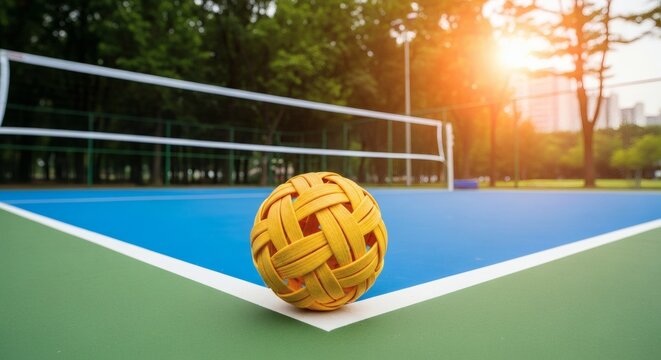 A Sepak Takraw ball on a green and blue court with a net and trees in the background.