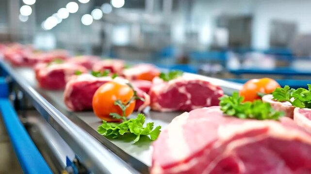 Automated meat packaging, conveyor modern facility, industrial processing plant, perspective view inside, food factory operations, machinery production system, hygiene standards di