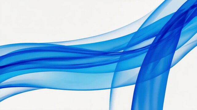 Abstract blue flowing waves of smoke or silk elegantly moving against a solid white background.