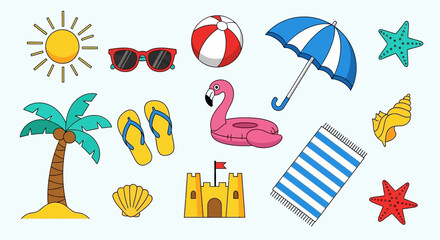 Colorful beach icons and symbols on light blue background