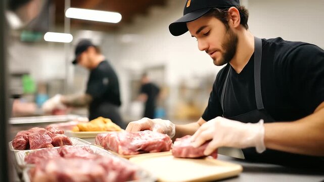 Young butcher packing, raw meat slaughterhouse, industrial food facility, packaging operation activity, meat processing work, commercial food production, quality control focus, fac