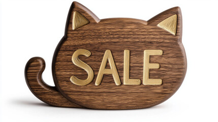 Wooden cat shaped sign with engraved SALE text, smooth curves, brown color, playful and inviting for retail display
