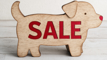 Wooden puppy sign with SALE text, playful design, natural grain, cheerful decor for pet shop or store promotion