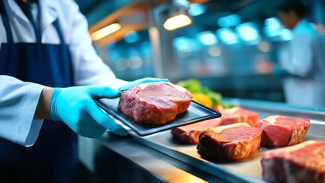 Meat processing worker, inspecting quality steaks, raw beef display, production line factory, quality control activity, food safety emphasis, industrial facility work, faceless ins