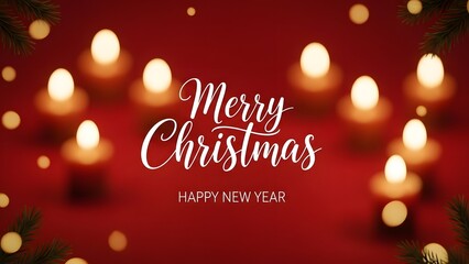 Festive merry christmas greeting with blurred lights and a warm red background