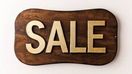 Wooden sign with smooth curves and engraved SALE text painted gold, rustic style, promotional, cheerful, retail display