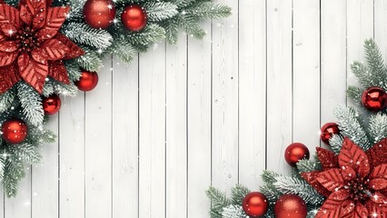 Festive christmas garland with red ornaments and pine branches on white wood