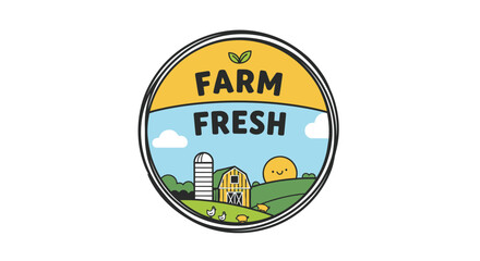 Farm fresh logo with a rural landscape and silo under a sunny sky