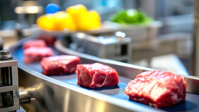 Raw meat moves, fast industrial conveyor, belt processing line, automated transport system, food production machinery, high-speed operations, hygiene facility display, defocused eq