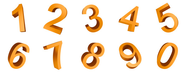 Bright orange 3D numbers with simple, bold typography, arranged in dynamic tilted positions.