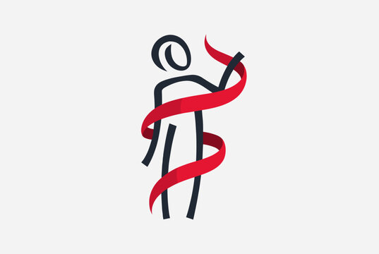 A stylized black stick figure with a flowing red ribbon wrapped around its body on a light gray background.