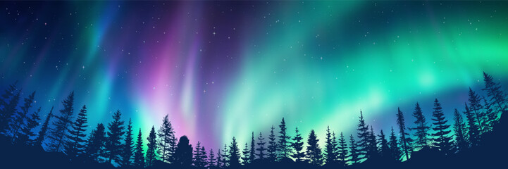 Contour of trees against the background of aurora borealis, winter holiday illustration